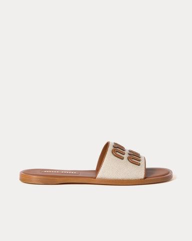 Miu Miu Canvas & Leather Beige / Brandy Slides