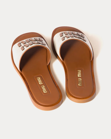 Miu Miu Canvas & Leather Beige / Brandy Slides - 4