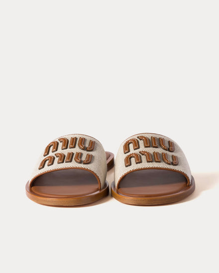 Miu Miu Canvas & Leather Beige / Brandy Slides - 3