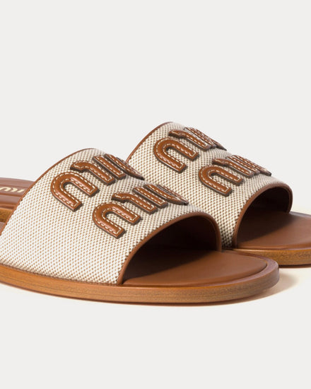 Miu Miu Canvas & Leather Beige / Brandy Slides - 5