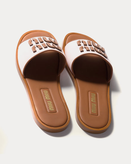 Miu Miu Canvas & Leather Peach/ Brandy Slides - 4