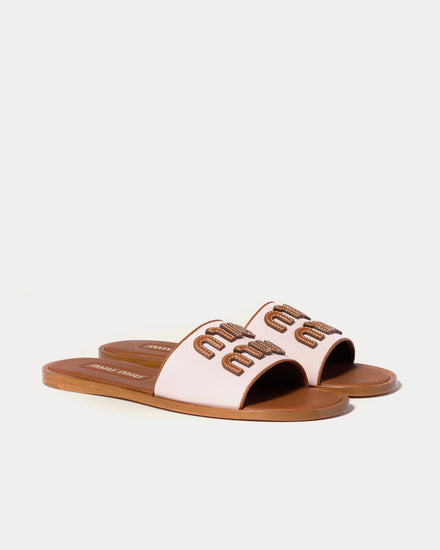 Miu Miu Canvas & Leather Peach/ Brandy Slides - 3