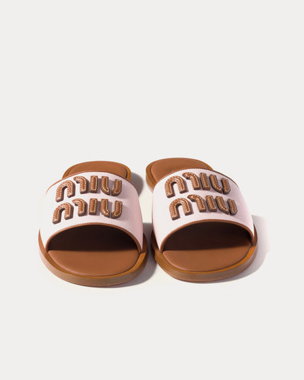 Miu Miu Canvas & Leather Peach/ Brandy Slides - 2