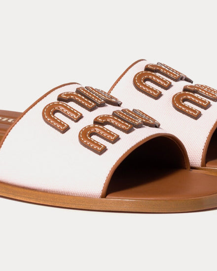 Miu Miu Canvas & Leather Peach/ Brandy Slides - 5