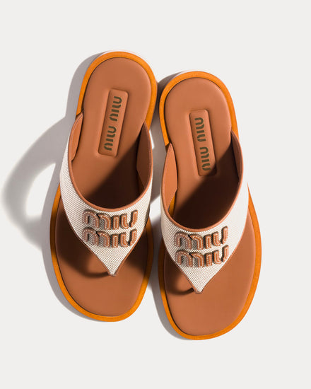Miu Miu Canvas & Leather Beige / Brandy Thong Sandals - 2
