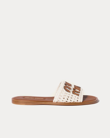 Miu Miu Crochet & Leather Ivory Slides