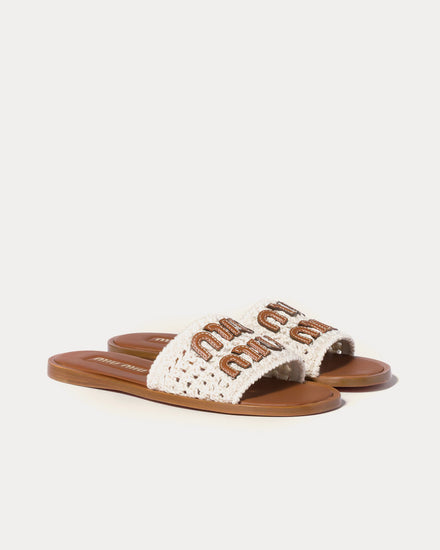 Miu Miu Crochet & Leather Ivory Slides - 2