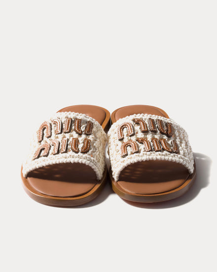 Miu Miu Crochet & Leather Ivory Slides - 4
