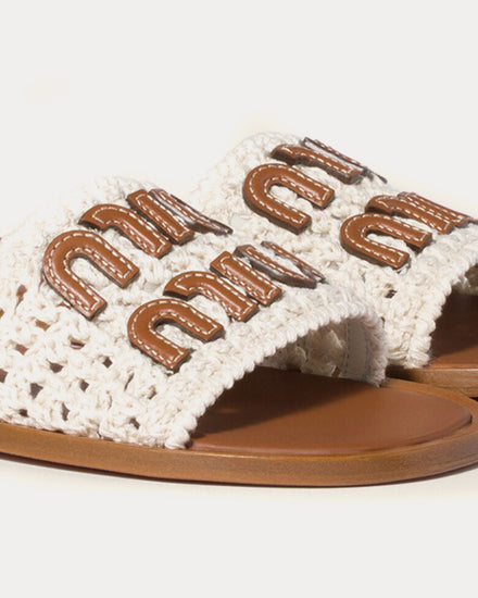 Miu Miu Crochet & Leather Ivory Slides - 5