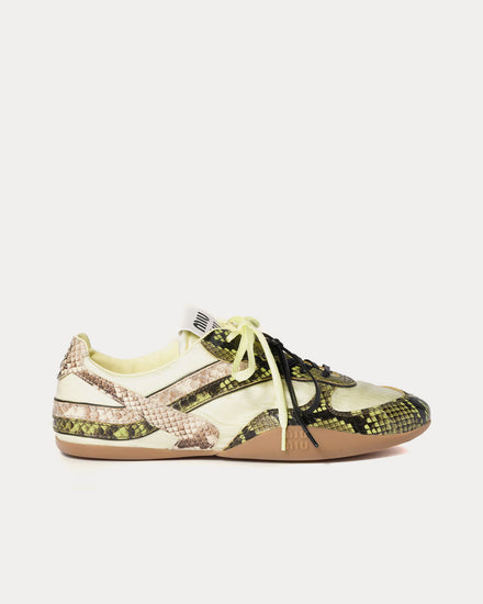 Miu Miu Gymnasium Technical Fabric & Python-Print Ayers Leather Pineapple Yellow / Fern Green Low Top Sneakers - 1