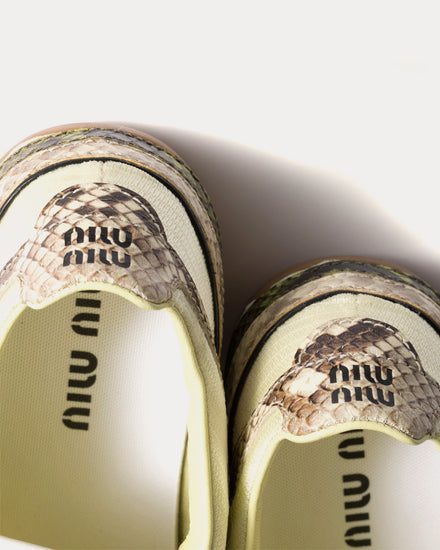Miu Miu Gymnasium Technical Fabric & Python-Print Ayers Leather Pineapple Yellow / Fern Green Low Top Sneakers - 3