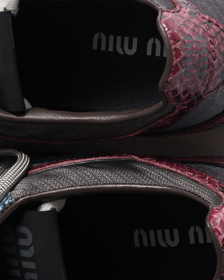 Miu Miu Gymnasium Technical Fabric & Python-Print Ayers Leather Slate Gray / Astral Blue Low Top Sneakers - 3