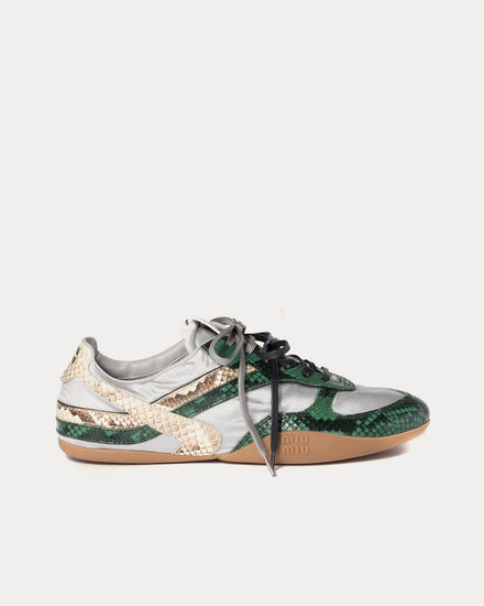 Miu Miu Gymnasium Technical Fabric & Python-Print Ayers Leather Cloudy Gray / Fir Green Low Top Sneakers - 1