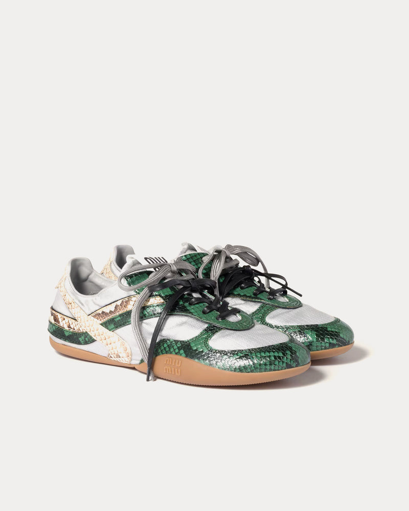Miu Miu Gymnasium Technical Fabric & Python-Print Ayers Leather Cloudy Gray / Fir Green Low Top Sneakers - 2