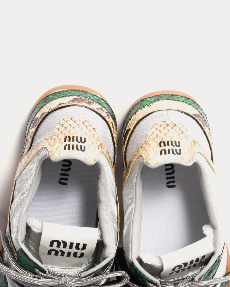 Miu Miu Gymnasium Technical Fabric & Python-Print Ayers Leather Cloudy Gray / Fir Green Low Top Sneakers - 3