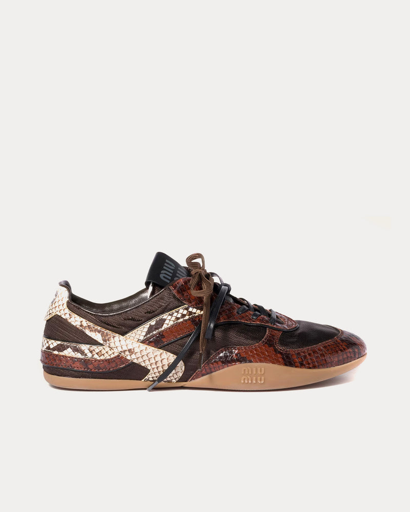 Miu Miu Gymnasium Technical Fabric & Python-Print Ayers Leather Dark Brown / Tobacco Low Top Sneakers - 1