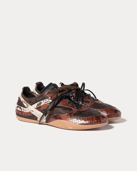 Miu Miu Gymnasium Technical Fabric & Python-Print Ayers Leather Dark Brown / Tobacco Low Top Sneakers - 2