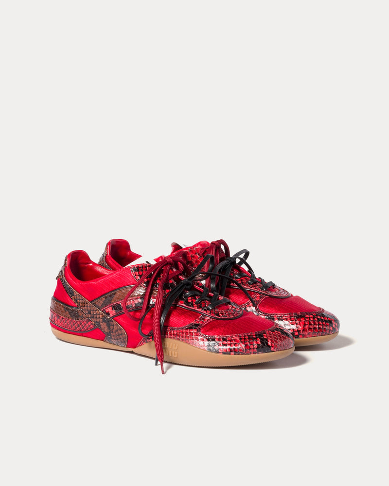 Miu Miu Gymnasium Technical Fabric & Python-Print Ayers Leather Red Low Top Sneakers - 2