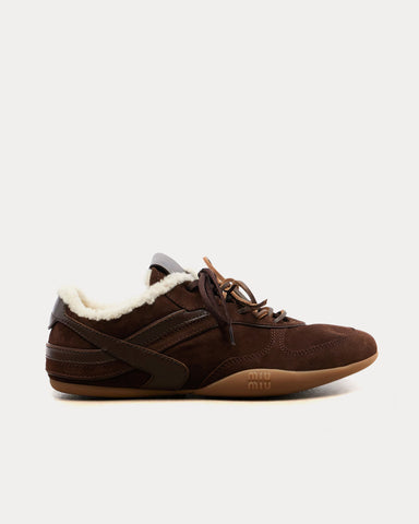 Miu Miu Gymnasium Suede & Shearling Brown Low Top Sneakers
