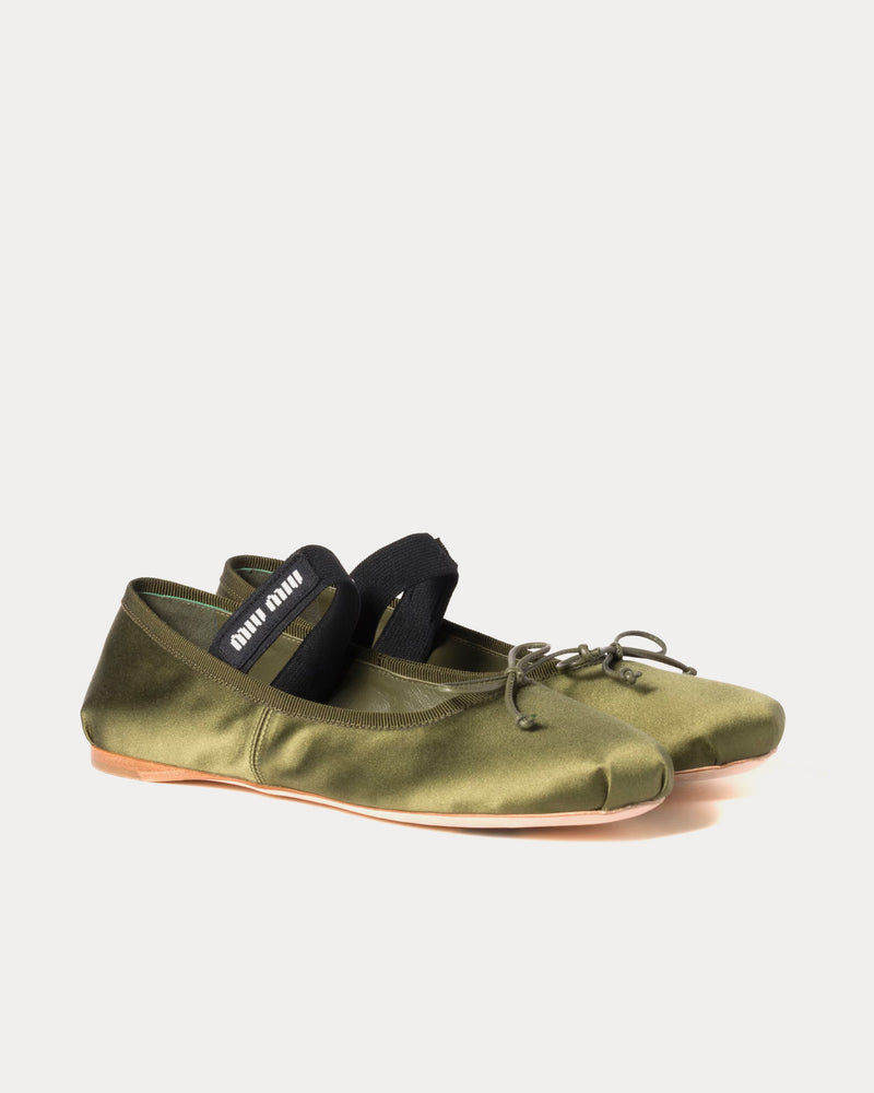 Miu Miu Satin Olive Green Ballerinas - 3