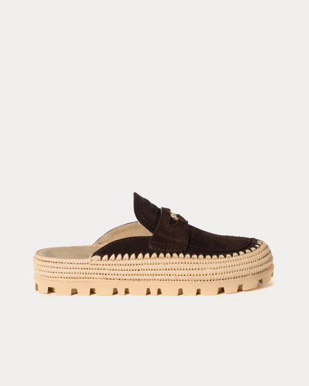 Miu Miu Flatform Raffia & Suede Dark Brown Mules - 1