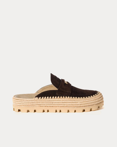 Miu Miu Flatform Raffia & Suede Dark Brown Mules