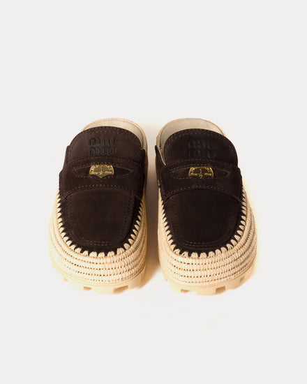 Miu Miu Flatform Raffia & Suede Dark Brown Mules - 2