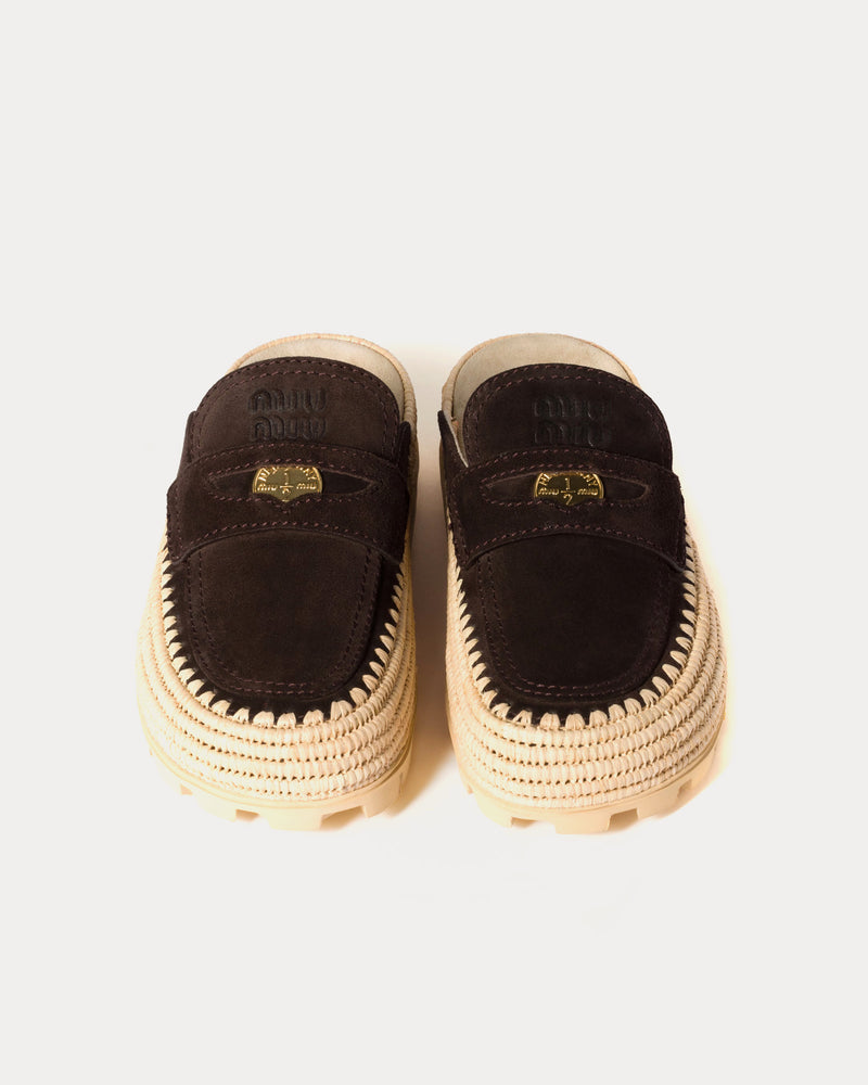 Miu Miu Flatform Raffia & Suede Dark Brown Mules - 2