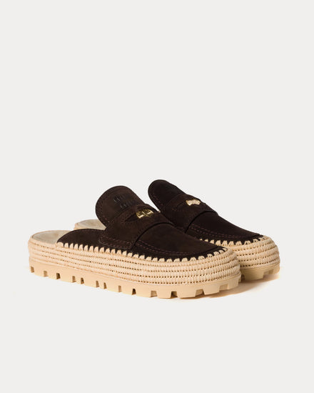 Miu Miu Flatform Raffia & Suede Dark Brown Mules - 3