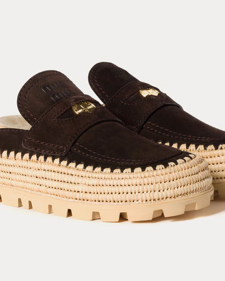 Miu Miu Flatform Raffia & Suede Dark Brown Mules - 4