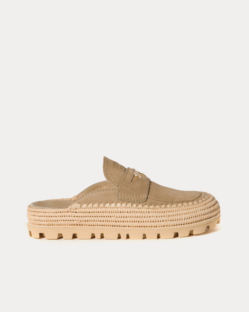 Miu Miu Flatform Raffia & Suede Ecru Mules - 1