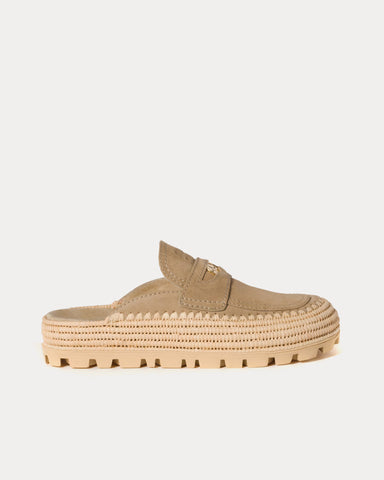 Miu Miu Flatform Raffia & Suede Ecru Mules