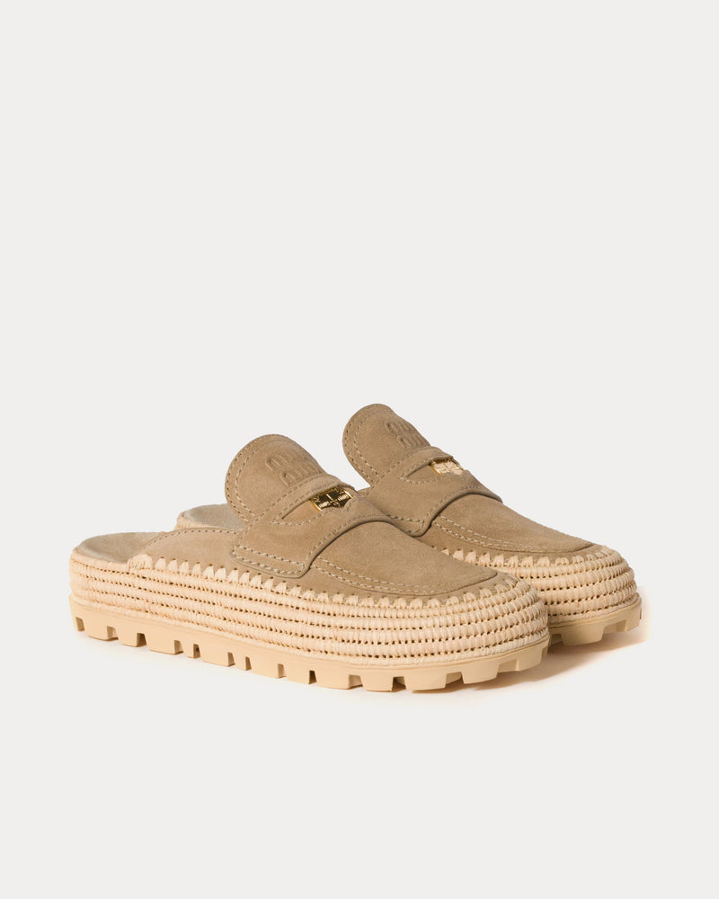 Miu Miu Flatform Raffia & Suede Ecru Mules - 2