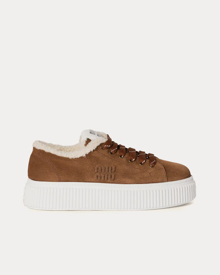 Miu Miu Suede & Shearling Cocoa Brown Low Top Sneakers - 1