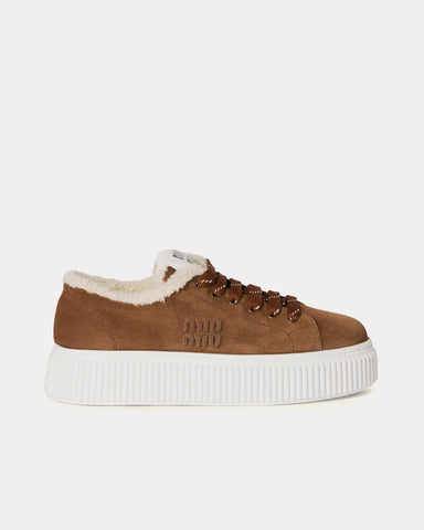 Miu Miu Suede & Shearling Cocoa Brown Low Top Sneakers