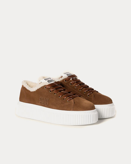 Miu Miu Suede & Shearling Cocoa Brown Low Top Sneakers - 2