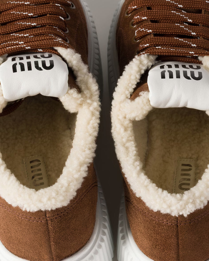 Miu Miu Suede & Shearling Cocoa Brown Low Top Sneakers - 3