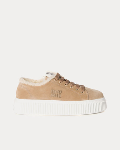 Miu Miu Suede & Shearling Desert Beige Low Top Sneakers