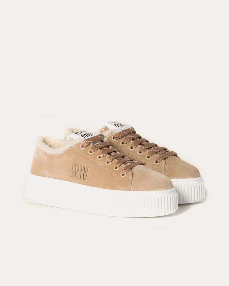 Miu Miu Suede & Shearling Desert Beige Low Top Sneakers - 2