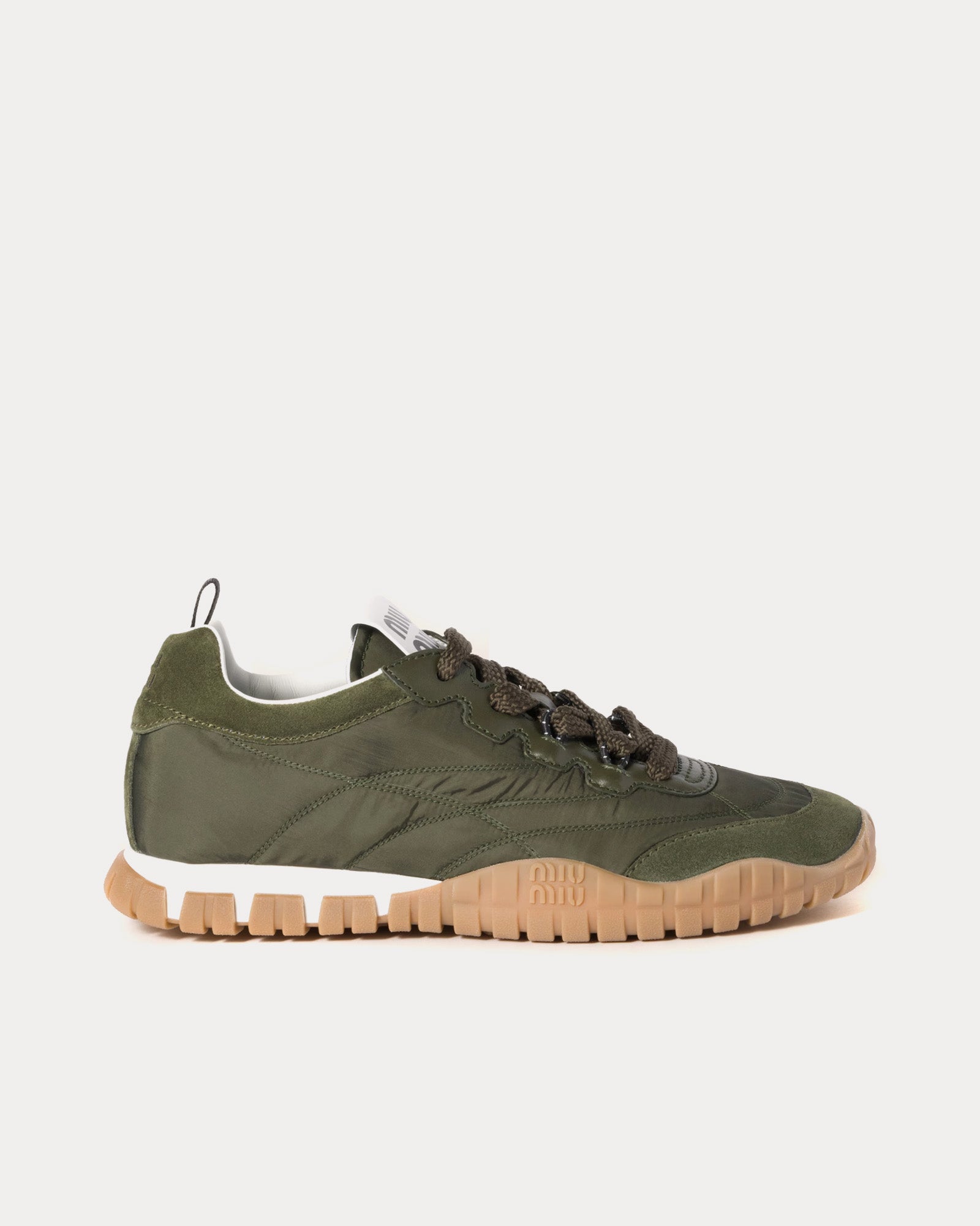MIU MIU オリーブグリーン スニーカー Miu Miu Women's Tyre Technical Fabric & Suede Loden Green Low Top