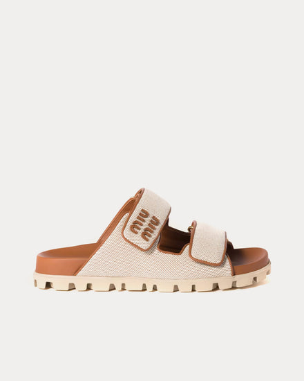 Miu Miu Canvas Beige / Brandy Slides - 1