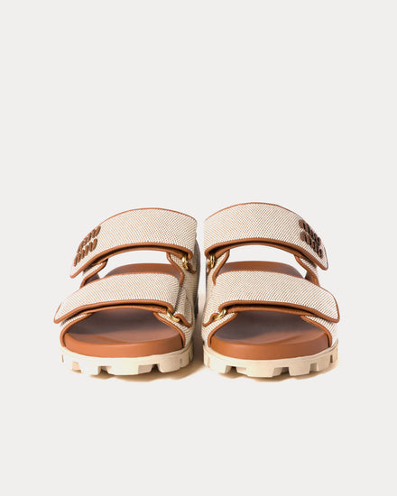 Miu Miu Canvas Beige / Brandy Slides - 2
