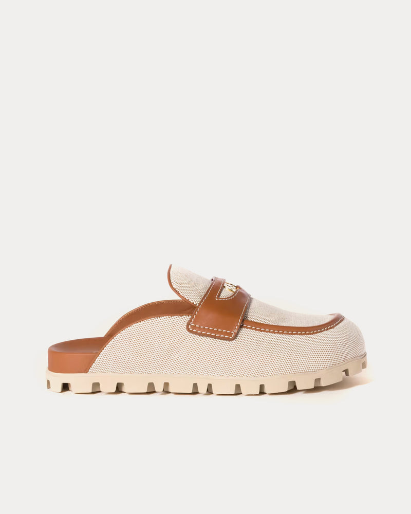 Miu Miu Canvas & Leather Beige / Brandy Mules - 1