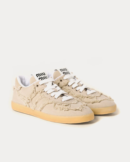 Miu Miu Women's Frayed Denim Colonial Beige Low Top Sneakers