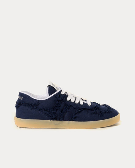 みわ　ブループリント Miu Miu Women's Frayed Denim Royal Blue Low Top Sneakers