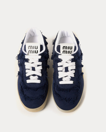 Miu Miu Women's Frayed Denim Royal Blue Low Top Sneakers