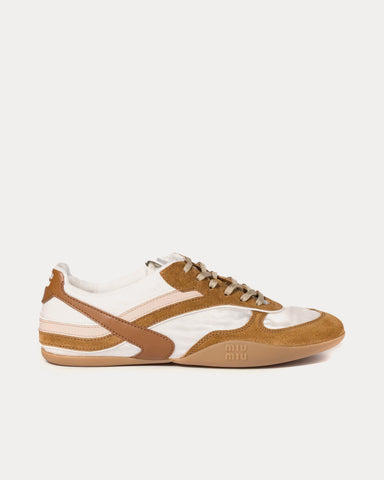 Miu Miu Gymnasium Technical Fabric & Suede Chalk White / Cinnamon Low Top Sneakers