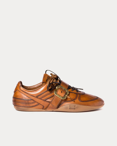 Miu Miu Buckle Leather Cognac Low Top Sneakers