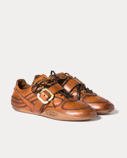 Miu Miu Buckle Leather Cognac Low Top Sneakers - 2