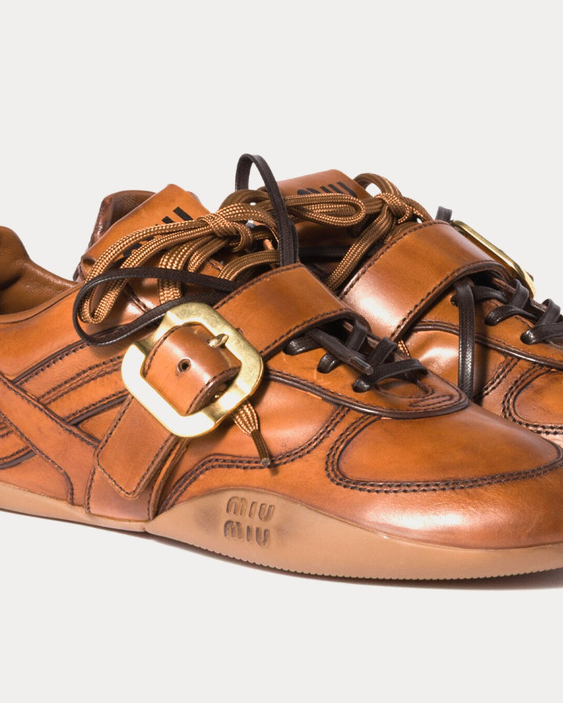 Miu Miu Buckle Leather Cognac Low Top Sneakers - 4